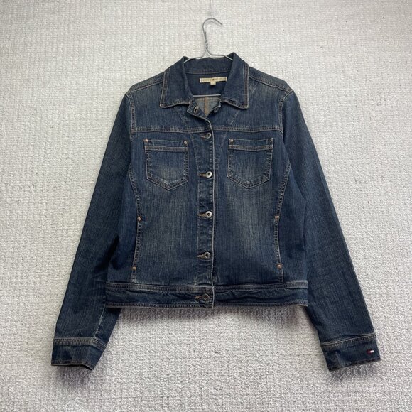 VTG Tommy Hilfiger Womens Sz XL Dark Wash Jean Jacket Button Up Canada Made - Picture 1 of 13
